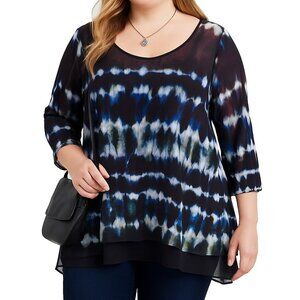 Simply Vera Vera Wang Womens 0X (14)Black Blue Tie Dye Tunic Top Sheer Hem